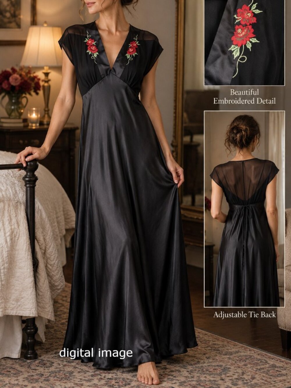 Vintage 90s Delicates Black Nightgown S Full Length 40s Retro Floral Embroidery